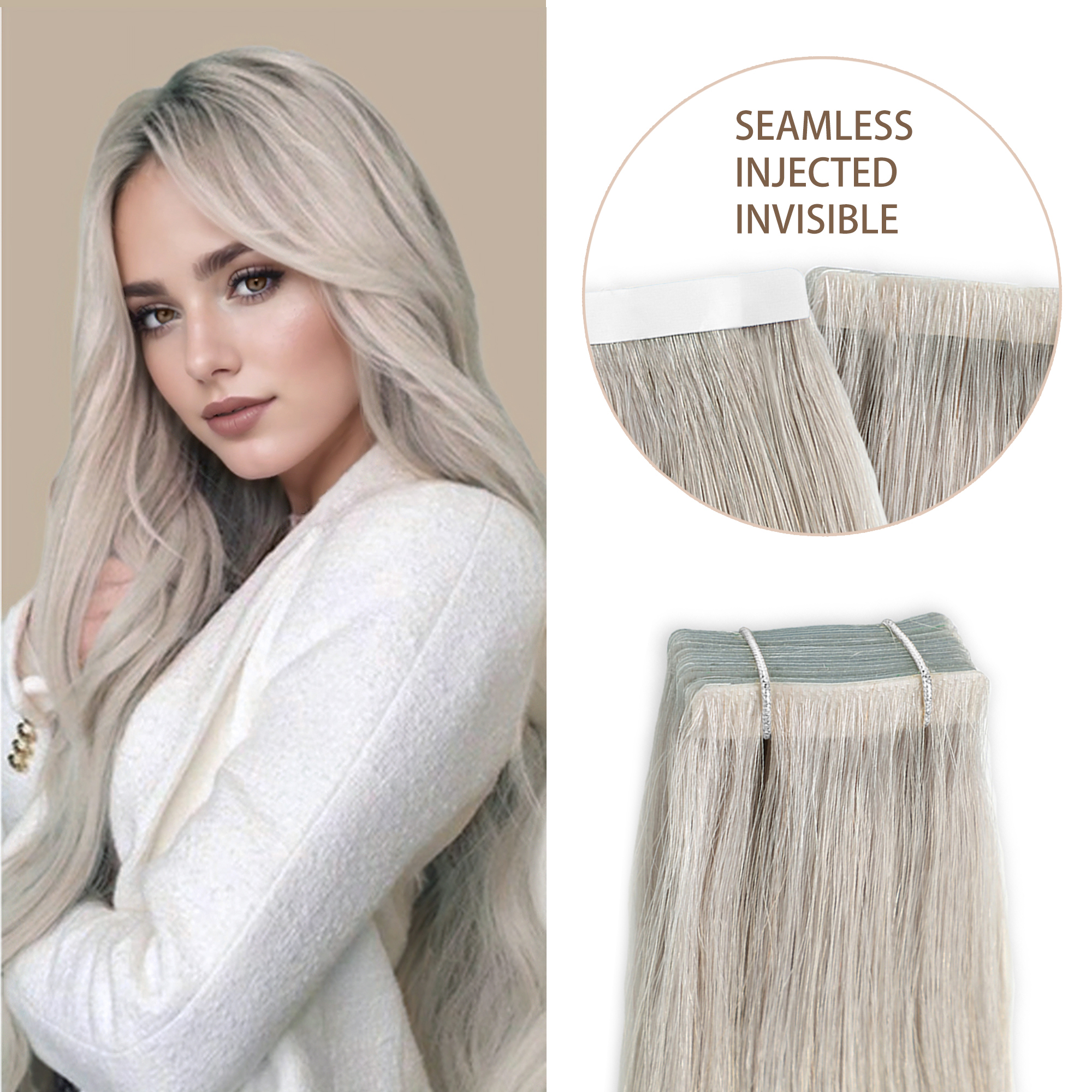 Meiverah Seamless Injected Hand-Tied Tape In Hair Extensions 20 Pcs/50 g Virgin Human Hair (Silver)