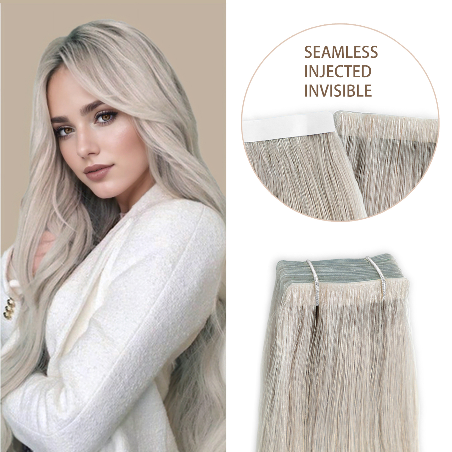 Meiverah Seamless Injected Hand-Tied Tape In Hair Extensions 20 Pcs/50 g Virgin Human Hair (Silver)