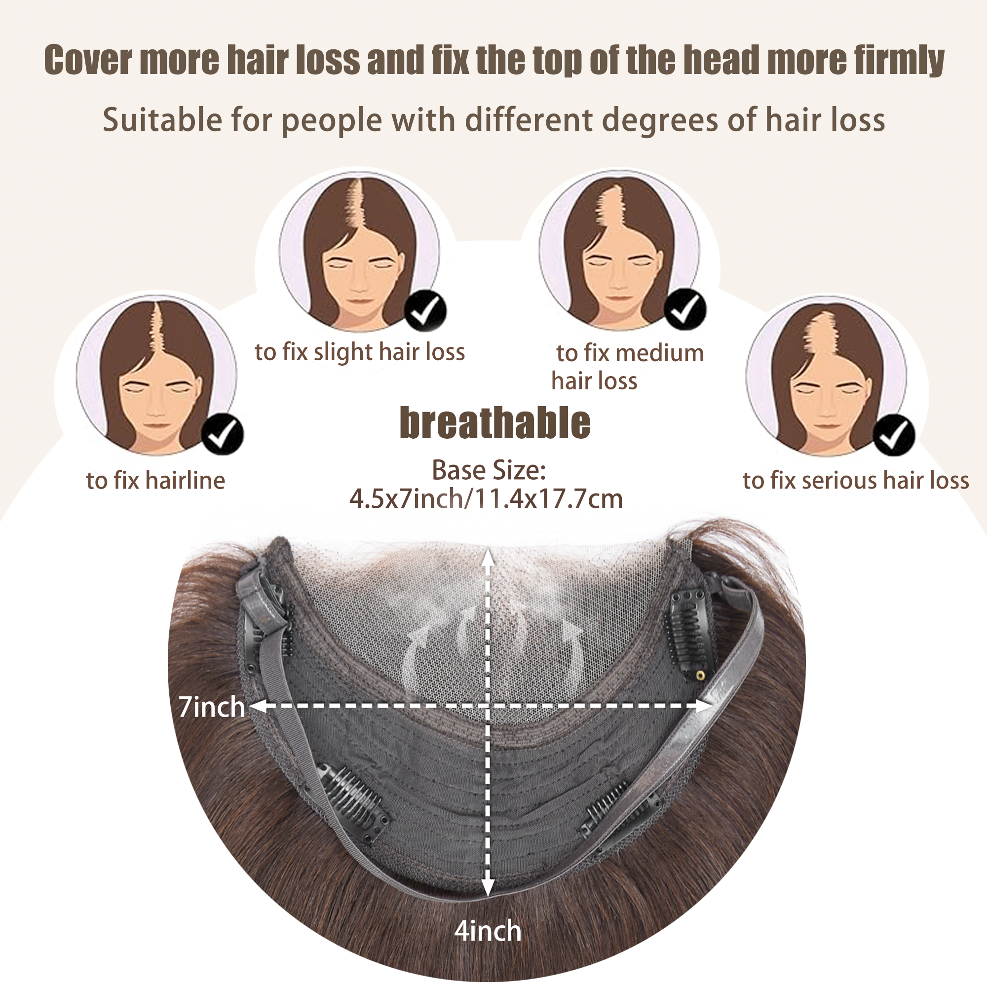 Meiverah Natural-Looking Handmade Hand-tied Mono Swiss Lace NO Bangs Clip-In Women Toupee -（Medium Brown#）