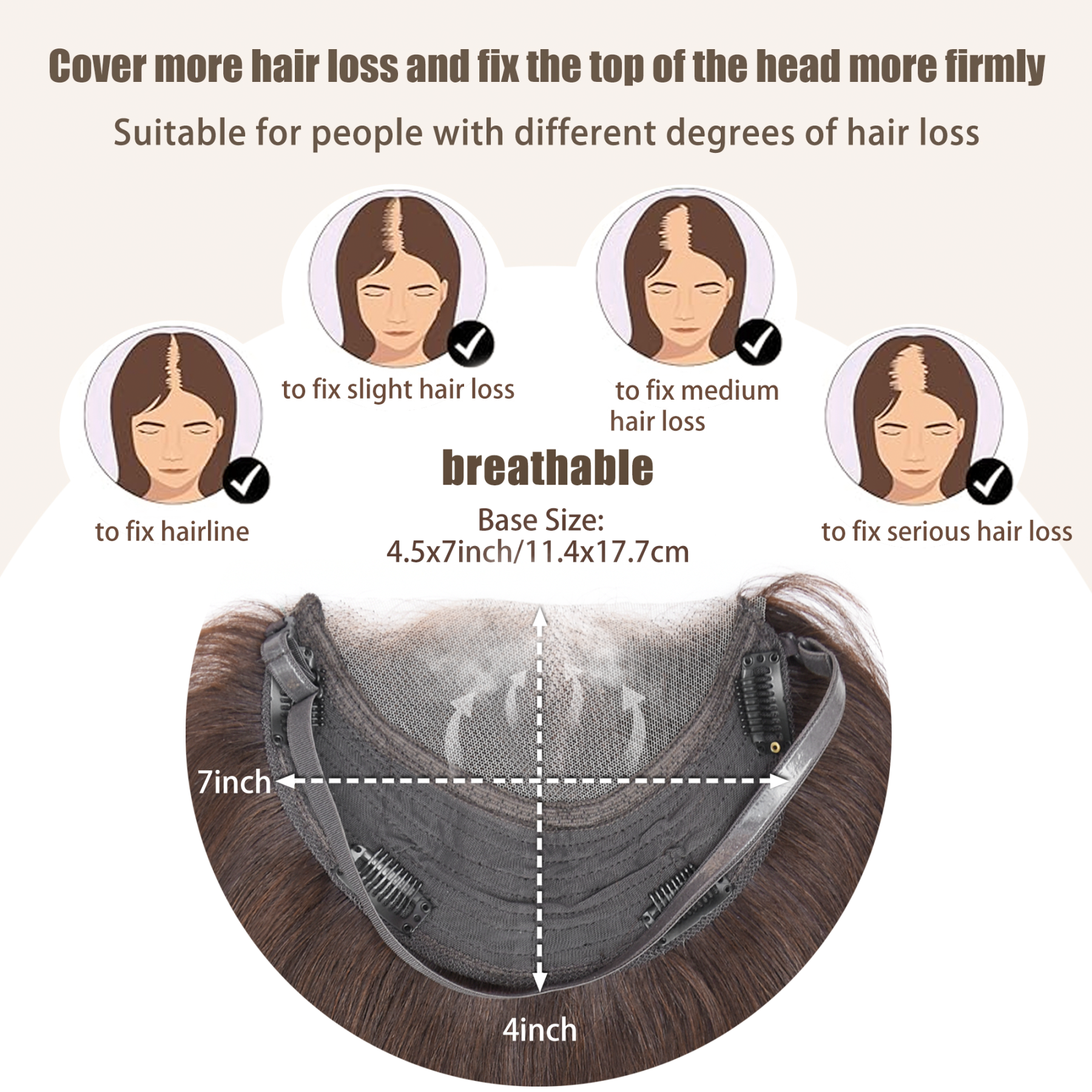 Meiverah Natural-Looking Handmade Hand-tied Mono Swiss Lace NO Bangs Clip-In Women Toupee -（Medium Brown#）