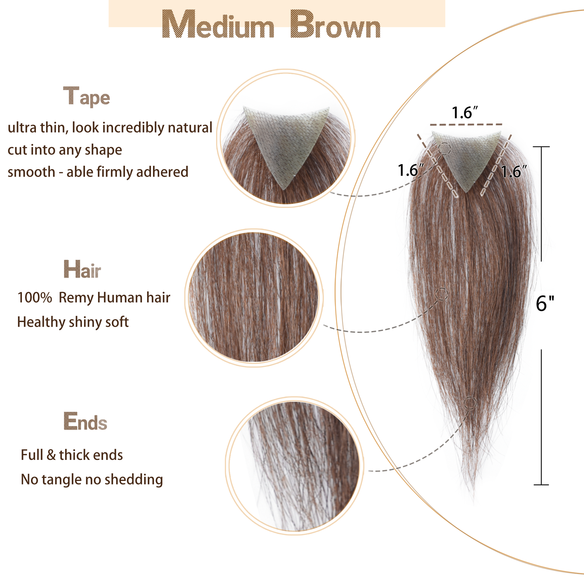 Meiverah Triangular alopecia Balding Spot Accidental Burns Scar Hair Replacement for women Hairline Loss Straight Tape in Replacement Toupee 2PC (Medium Brown#)