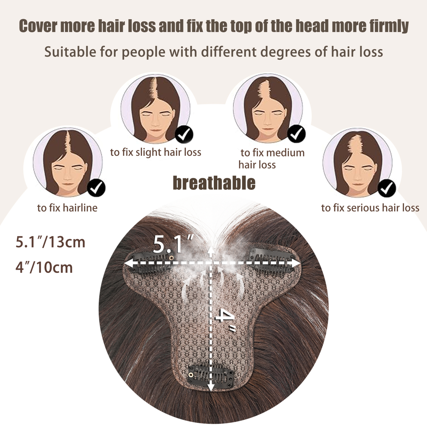 Meiverah Handmade Human Hair Middle Part Clip In Toupee No Bangs Seamless Natural Topper Breathable Mesh Base Women Thickening Hairpiece (Medium Brown/Swissnet)