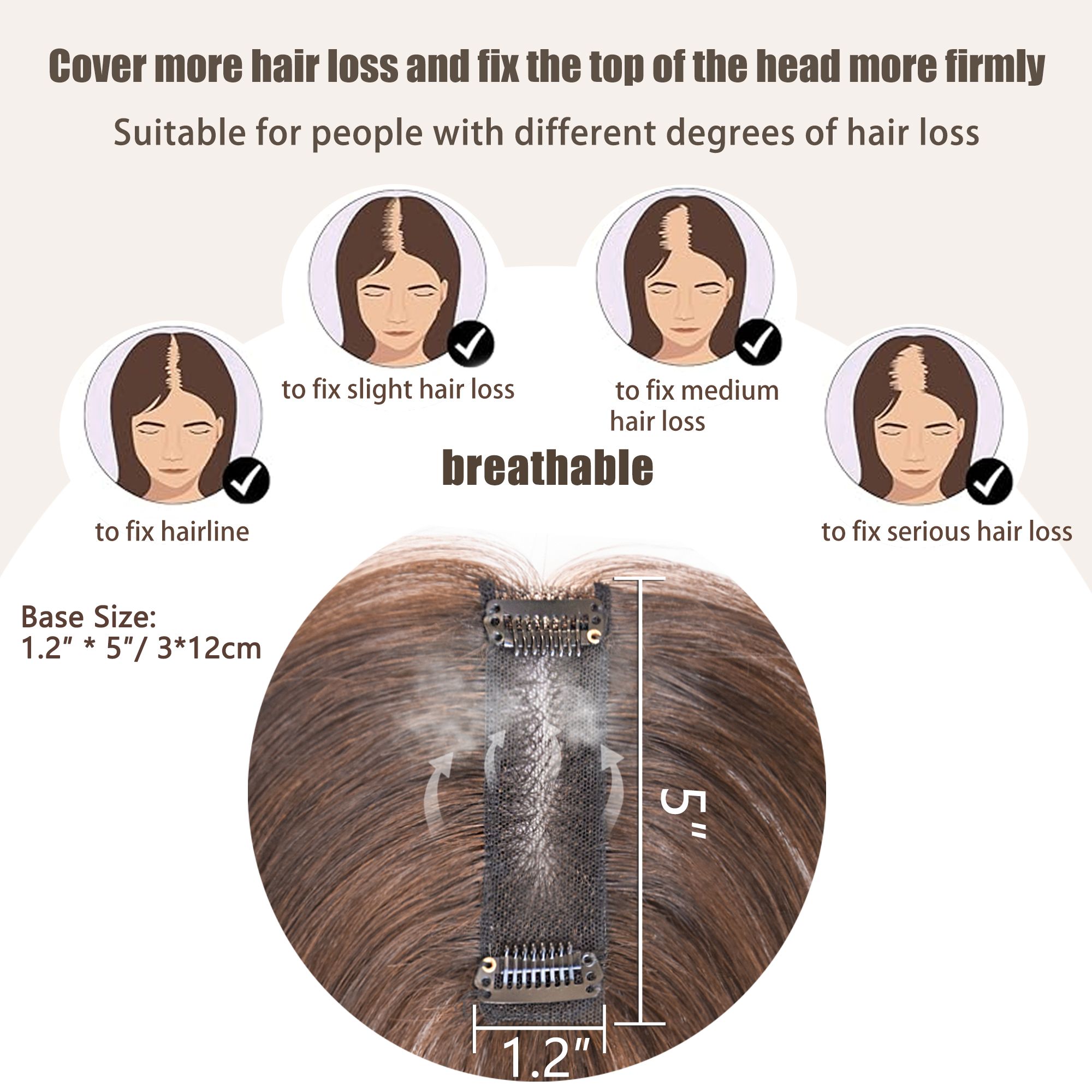 Meiverah Handmade Human Hair Middle Part Clip In Toupee No Bangs Seamless Natural Topper Breathable Mesh Base Women Thickening Hairpiece (Medium Brown)