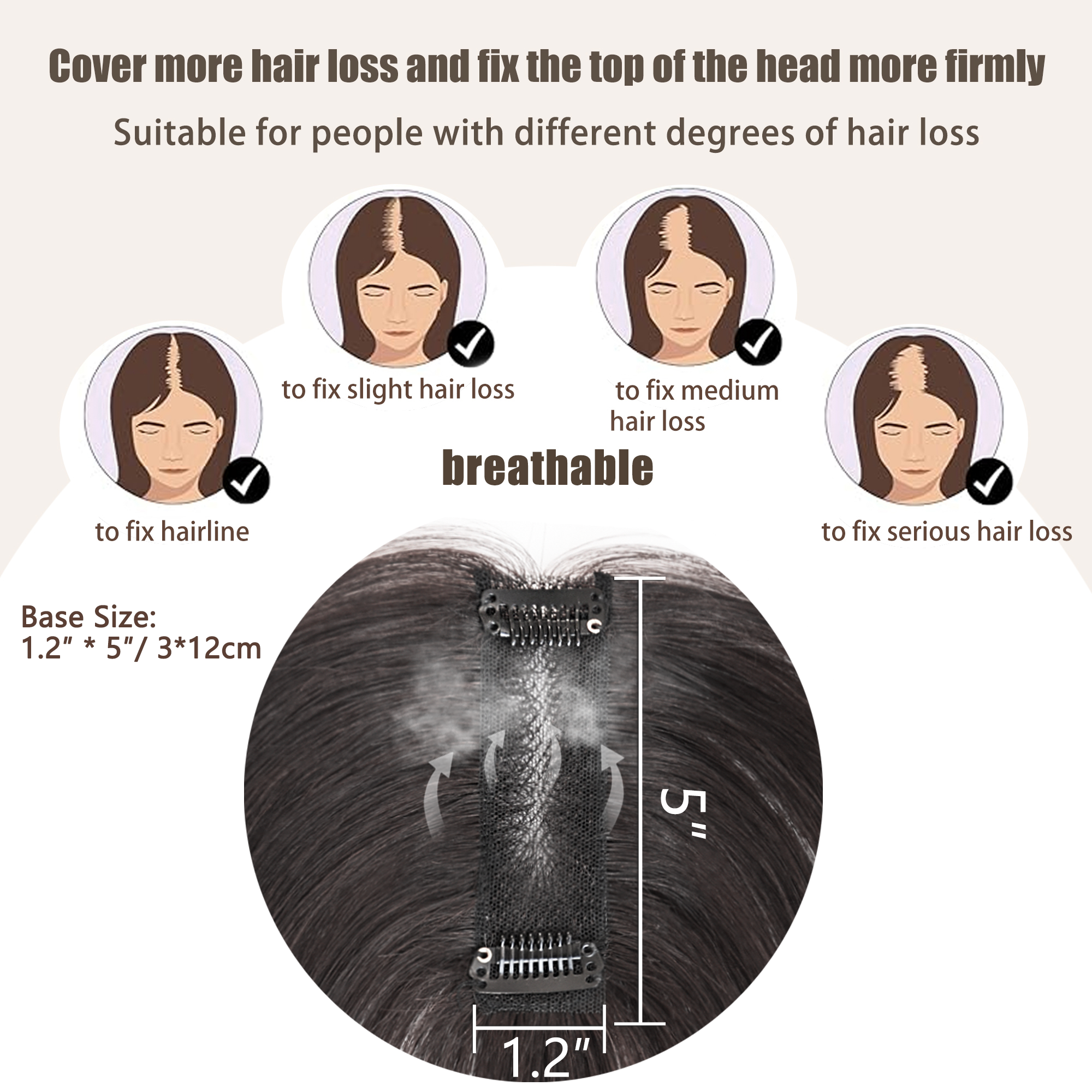 Meiverah Handmade Human Hair Middle Part Clip In Toupee No Bangs Seamless Natural Topper Breathable Mesh Base Women Thickening Hairpiece (1B Natural Black)