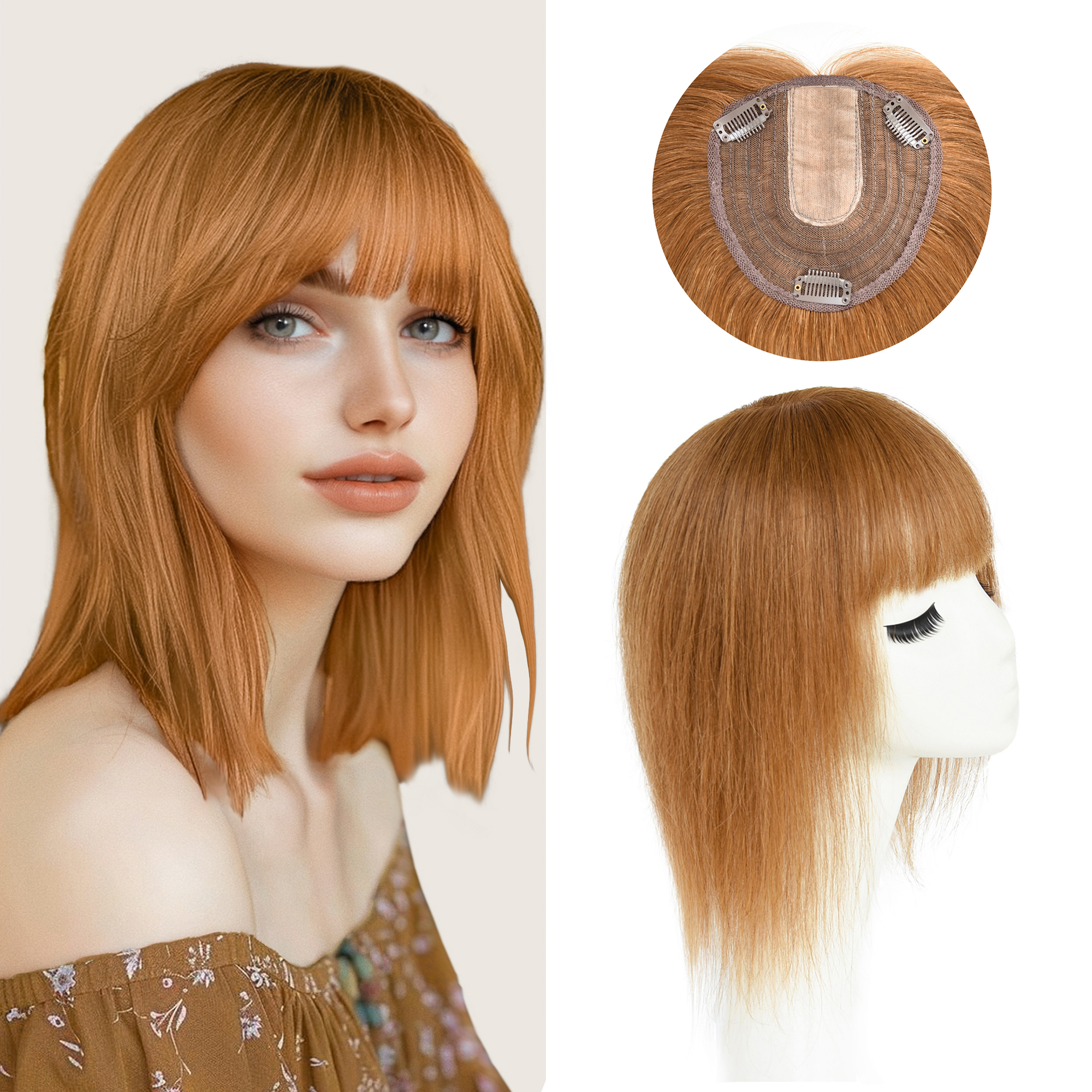 Meiverah Hair Real Human Hair Topper with Bangs Clip-In Thick PU Silk Base Hairpiece for Women (Copper Red)