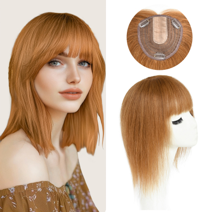 Meiverah Hair Real Human Hair Topper with Bangs Clip-In Thick PU Silk Base Hairpiece for Women (Copper Red)