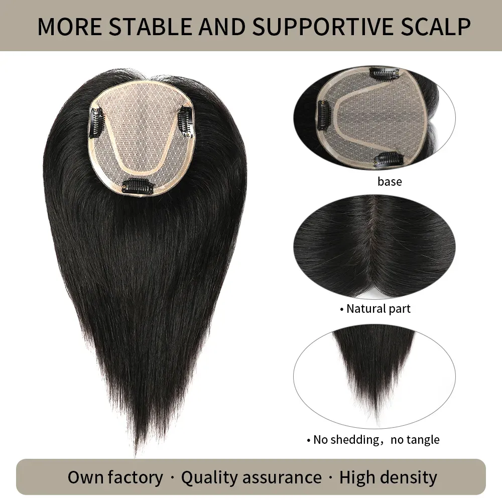 Meiverah Hair Real Human Hair Topper with Bangs - Clip-In Thick Silk Base Hairpiece for Women (Natural Black)