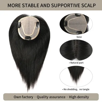 Meiverah Hair Real Human Hair Topper with Bangs - Clip-In Thick Silk Base Hairpiece for Women (Natural Black)