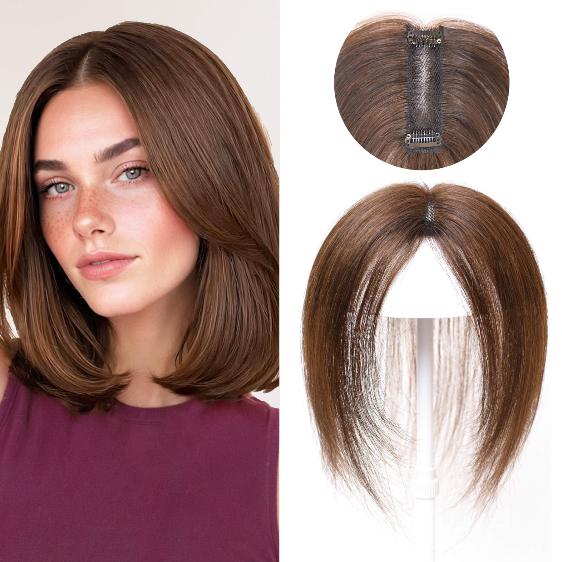 Meiverah Handmade Human Hair Middle Part Clip In Toupee No Bangs Seamless Natural Topper Breathable Mesh Base Women Thickening Hairpiece (Medium Brown)