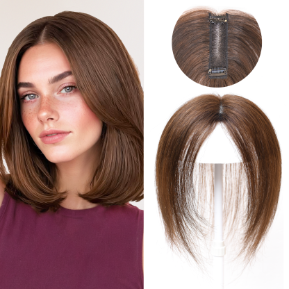 Meiverah Handmade Human Hair Middle Part Clip In Toupee No Bangs Seamless Natural Topper Breathable Mesh Base Women Thickening Hairpiece (Medium Brown)