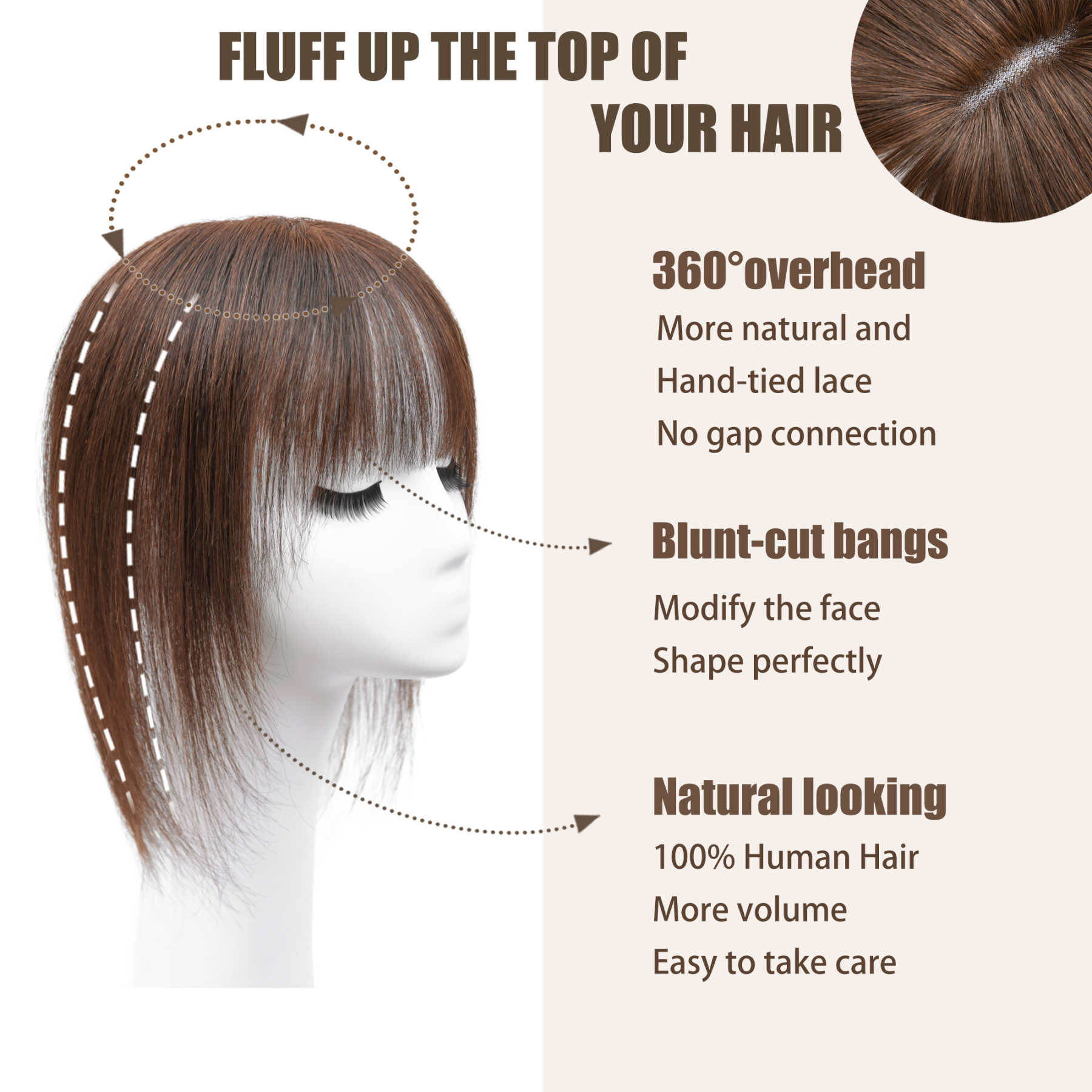 Meiverah Hair Real Human Hair Topper with Bangs - Clip-In Thick Silk Base Hairpiece for Women (Medium Brown)