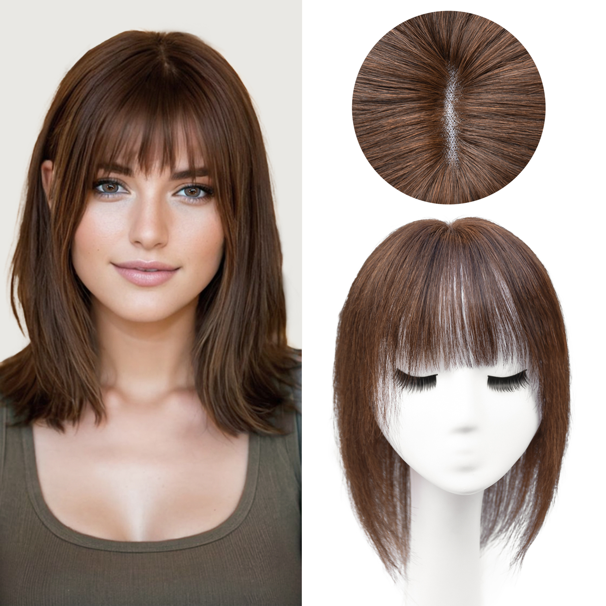 Meiverah Hair Real Human Hair Topper with Bangs - Clip-In Thick Silk Base Hairpiece for Women (Medium Brown)