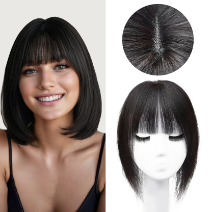 Meiverah Hair Real Human Hair Topper with Bangs - Clip-In Thick Silk Base Hairpiece for Women (Natural Black/12inch)
