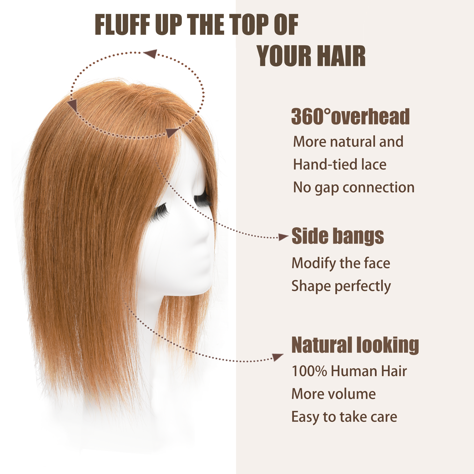 Meiverah Real Human Hair Swiss Mono Base Hand-tied Topper NO Bangs-Clip-In Thick Hairpiece for Women  (#30 Copper Red)