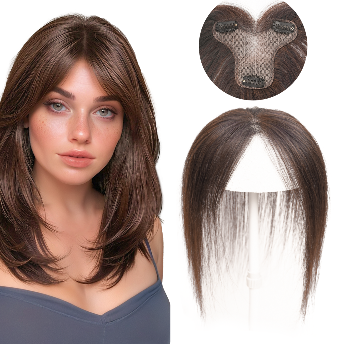 Meiverah Handmade Human Hair Middle Part Clip In Toupee No Bangs Seamless Natural Topper Breathable Mesh Base Women Thickening Hairpiece (Medium Brown/Swissnet)