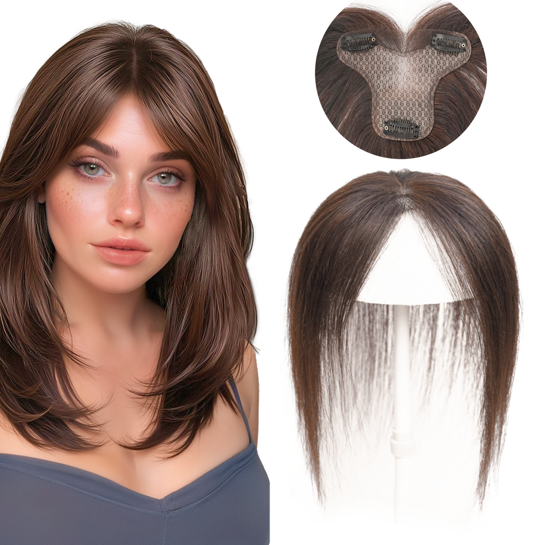 Meiverah Handmade Human Hair Middle Part Clip In Toupee No Bangs Seamless Natural Topper Breathable Mesh Base Women Thickening Hairpiece (Medium Brown/Swissnet)