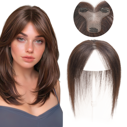 Meiverah Handmade Human Hair Middle Part Clip In Toupee No Bangs Seamless Natural Topper Breathable Mesh Base Women Thickening Hairpiece (Medium Brown/Swissnet)