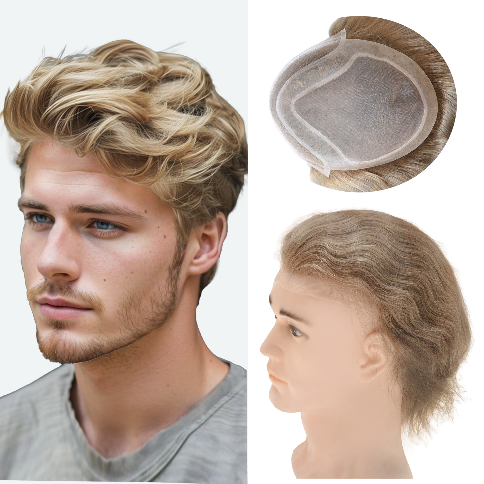 Meiverah Natural-Looking Handmade Full Hand-tied PU Mono Lace Men's Toupee -（18#，wavy）