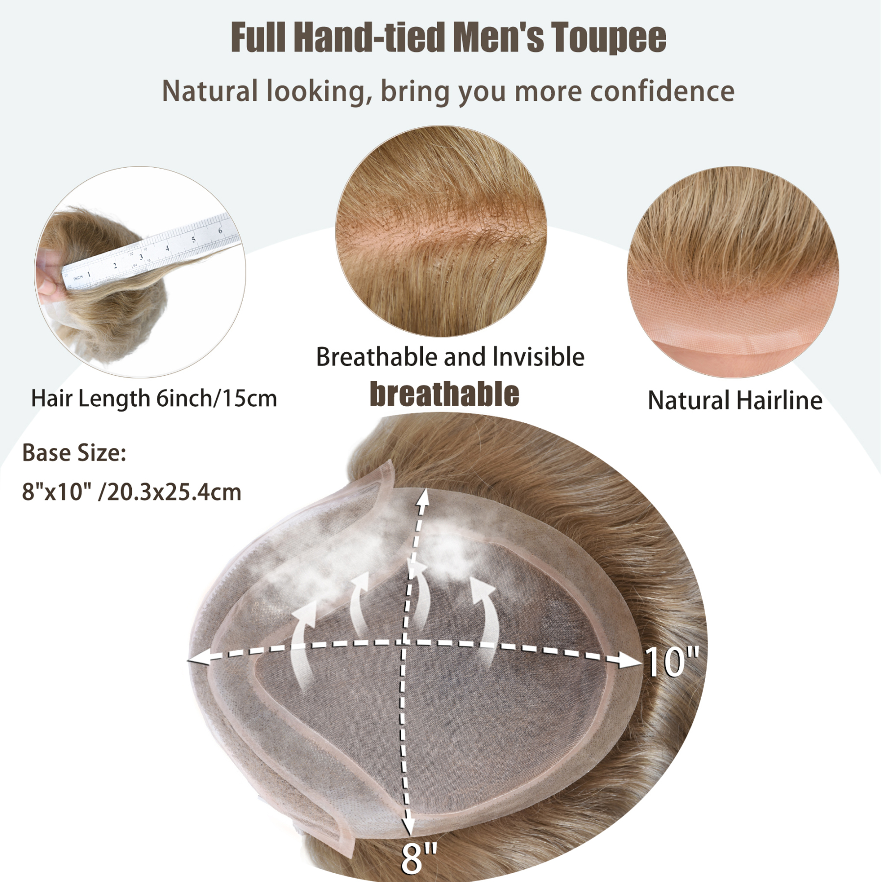 Meiverah Natural-Looking Handmade Full Hand-tied PU Mono Lace Men's Toupee -（18#，wavy）