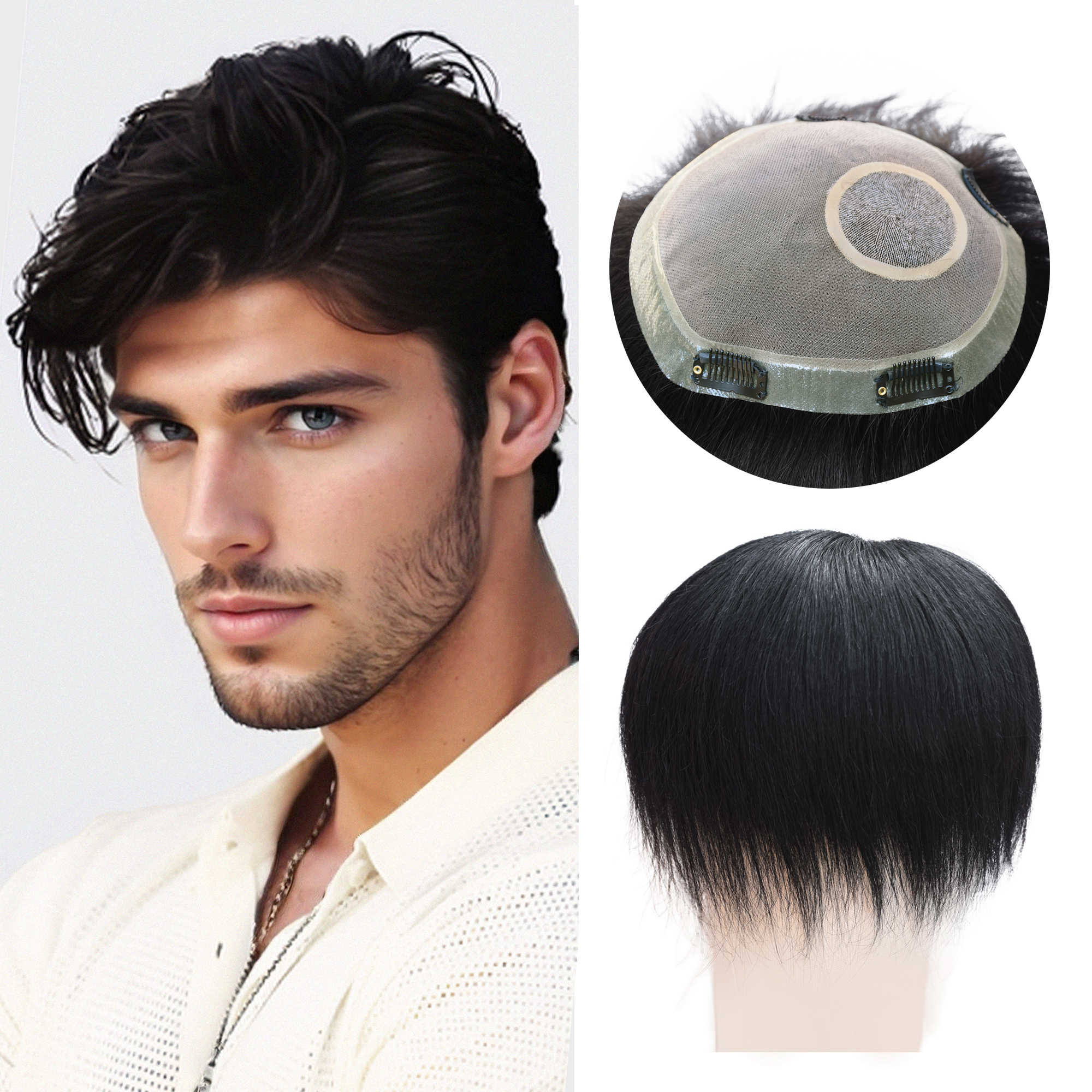 Meiverah Hair Untrimmed Hand Tied Mono Lace Toupee with Biological Scalp Toupee Human Hair Topper Top HairPiece for Men (Jet Black)(Hand-tied Lace)