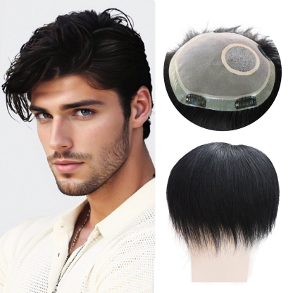 Meiverah Hair Untrimmed Hand Tied Mono Lace Toupee with Biological Scalp Toupee Human Hair Topper Top HairPiece for Men (Jet Black)(Hand-tied Lace)