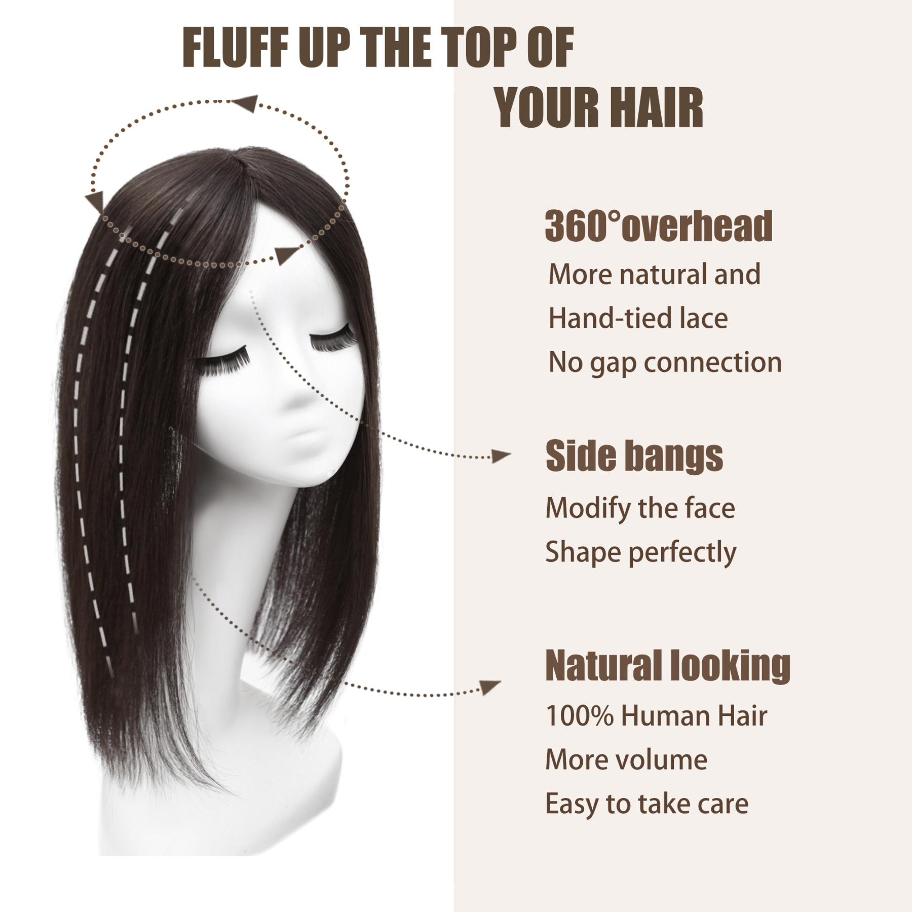 Meiverah Real Human Hair Full Hand-tied Swiss Mono Base Topper NO Bangs  Clip-In Thick Hairpiece for Women (#1B)