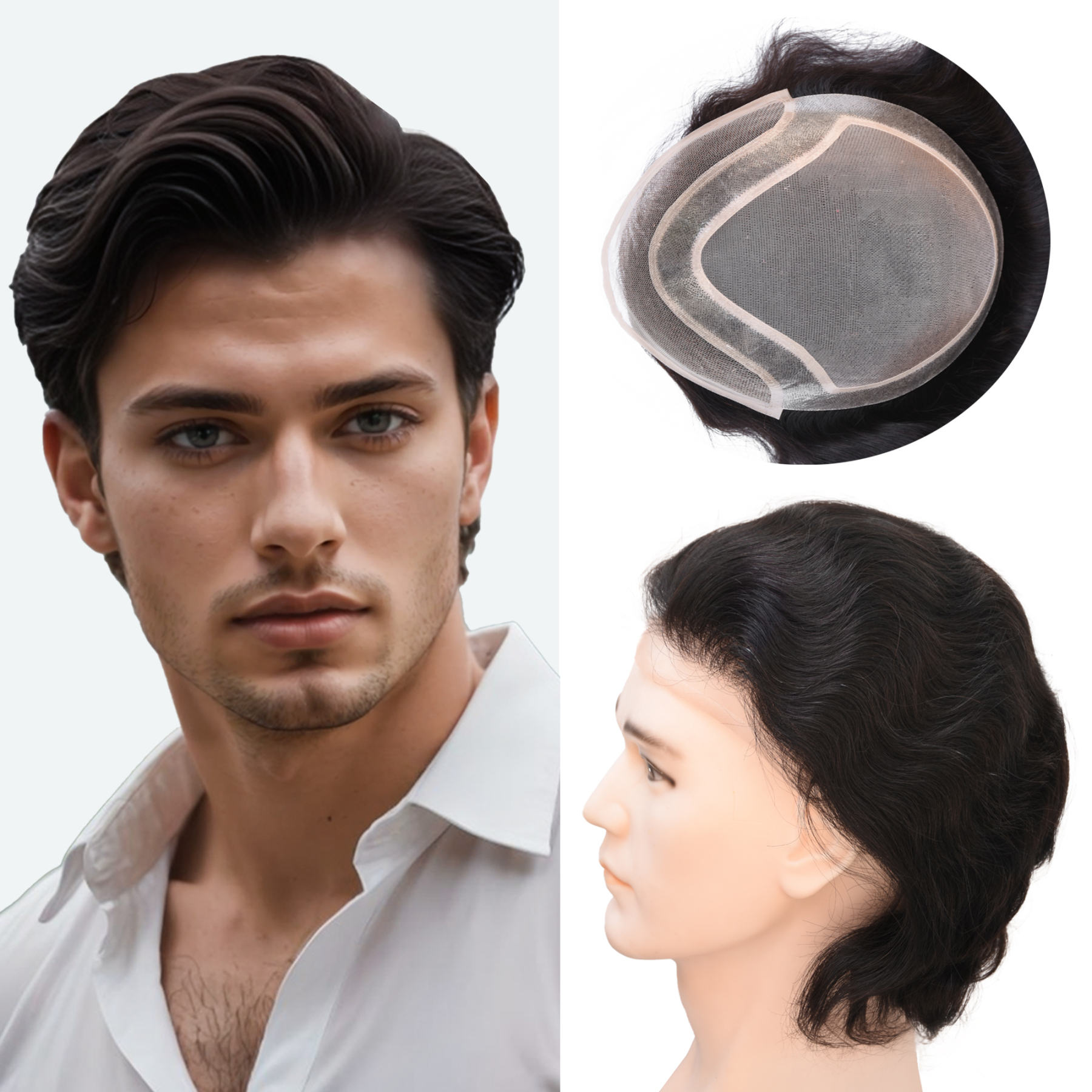 Meiverah Natural-Looking Handmade Full Hand-tied PU Mono Lace Men's Toupee -（1B#，wavy）