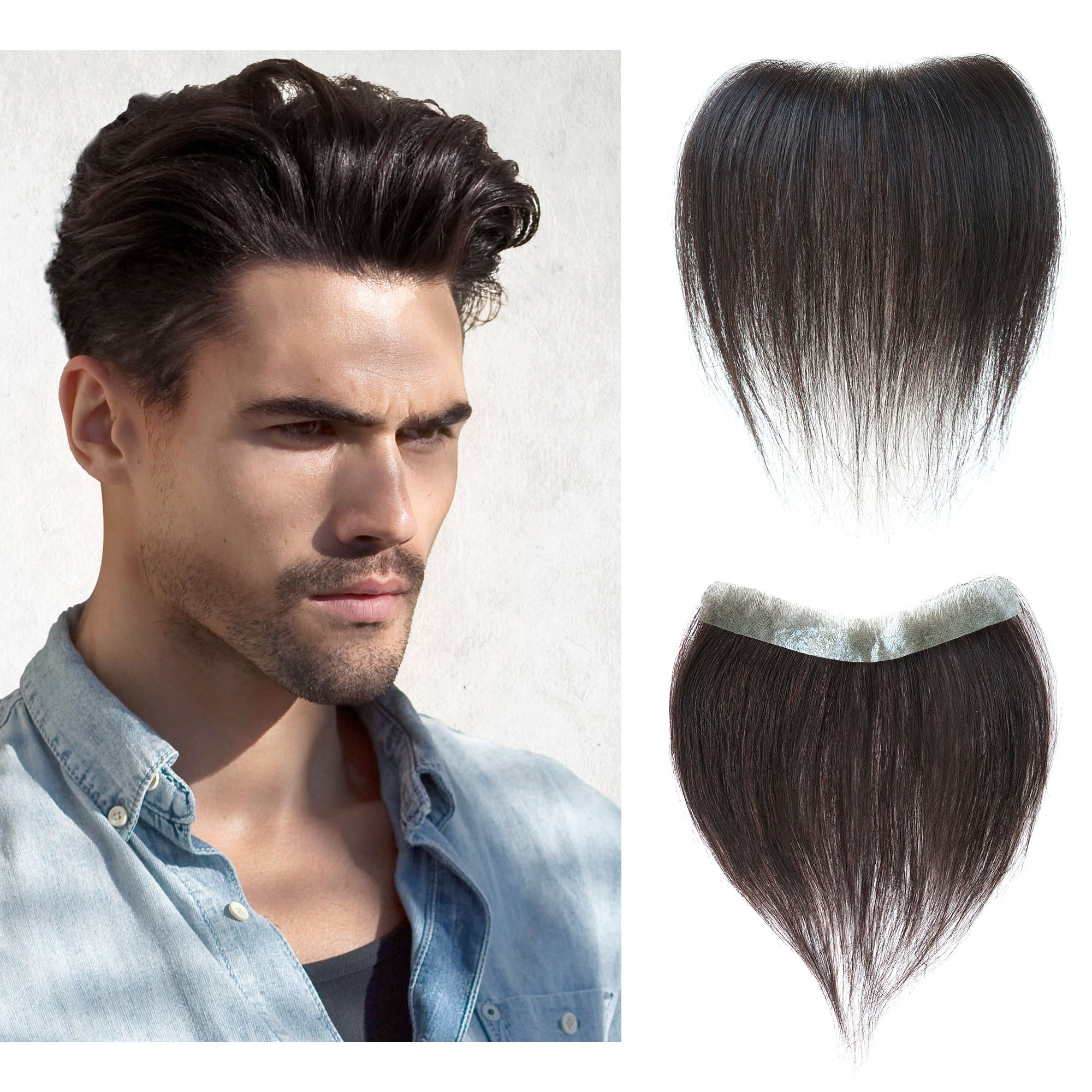 Meiverah Hair Frontal Hairpiece for Men Natural Black Hair Extension Hairline Loss Straight Tape in Human Hair Toppers Replacement Toupee （Dark Brown）