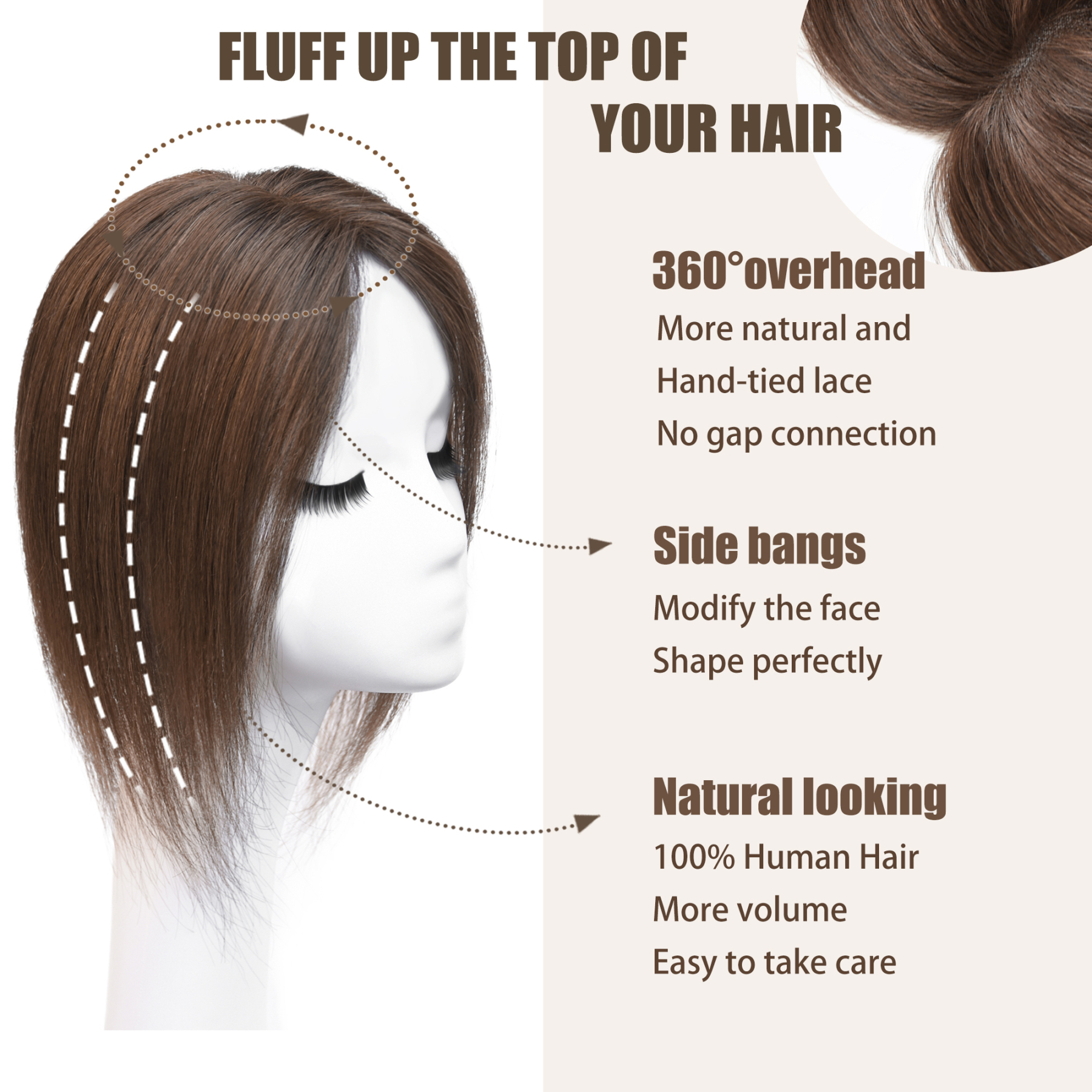 Meiverah Hair Real Human Hair Topper NO Bangs - Clip-In Thick Hand-tied Mono Base Hairpiece for Women (Medium Brown )