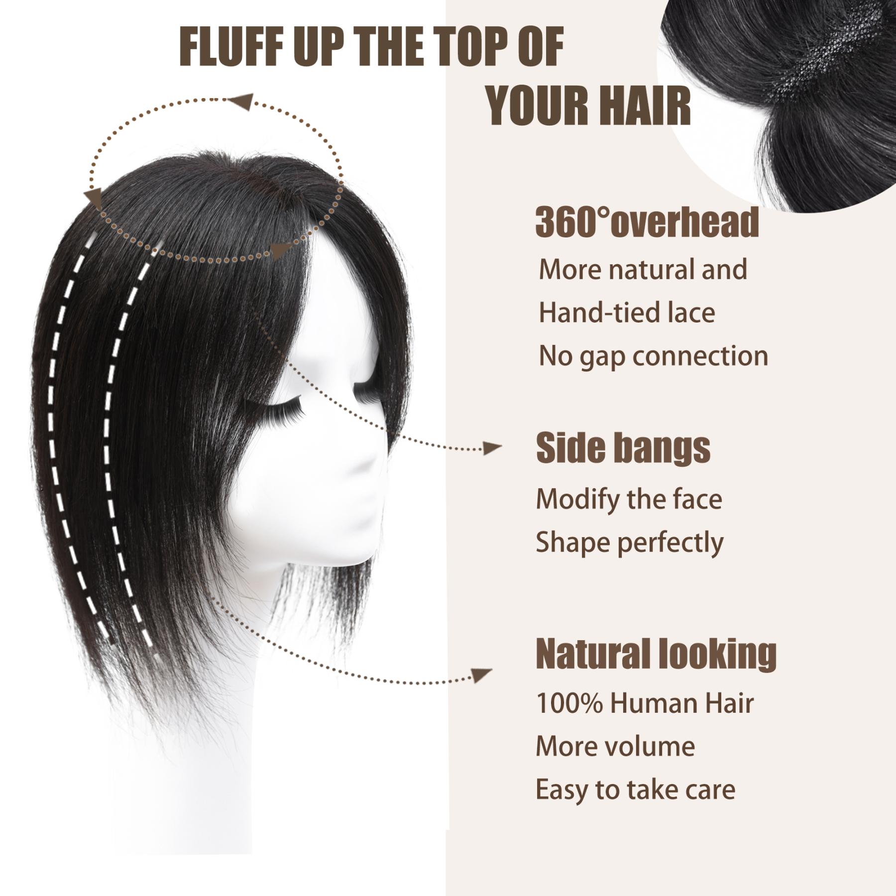 Meiverah Hair Real Human Hair Topper NO Bangs - Clip-In Thick Hand-tied Mono Base Hairpiece for Women (Natural Black)