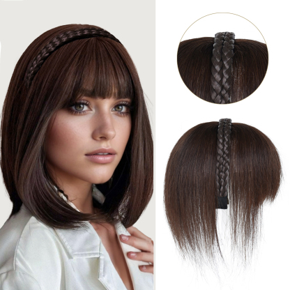 Meiverah Hair Twist Braid Headband Straight Hairpieces Human Hair Clip In Topper Hair Extension With Bangs Invisible Natural(Dark Brown)