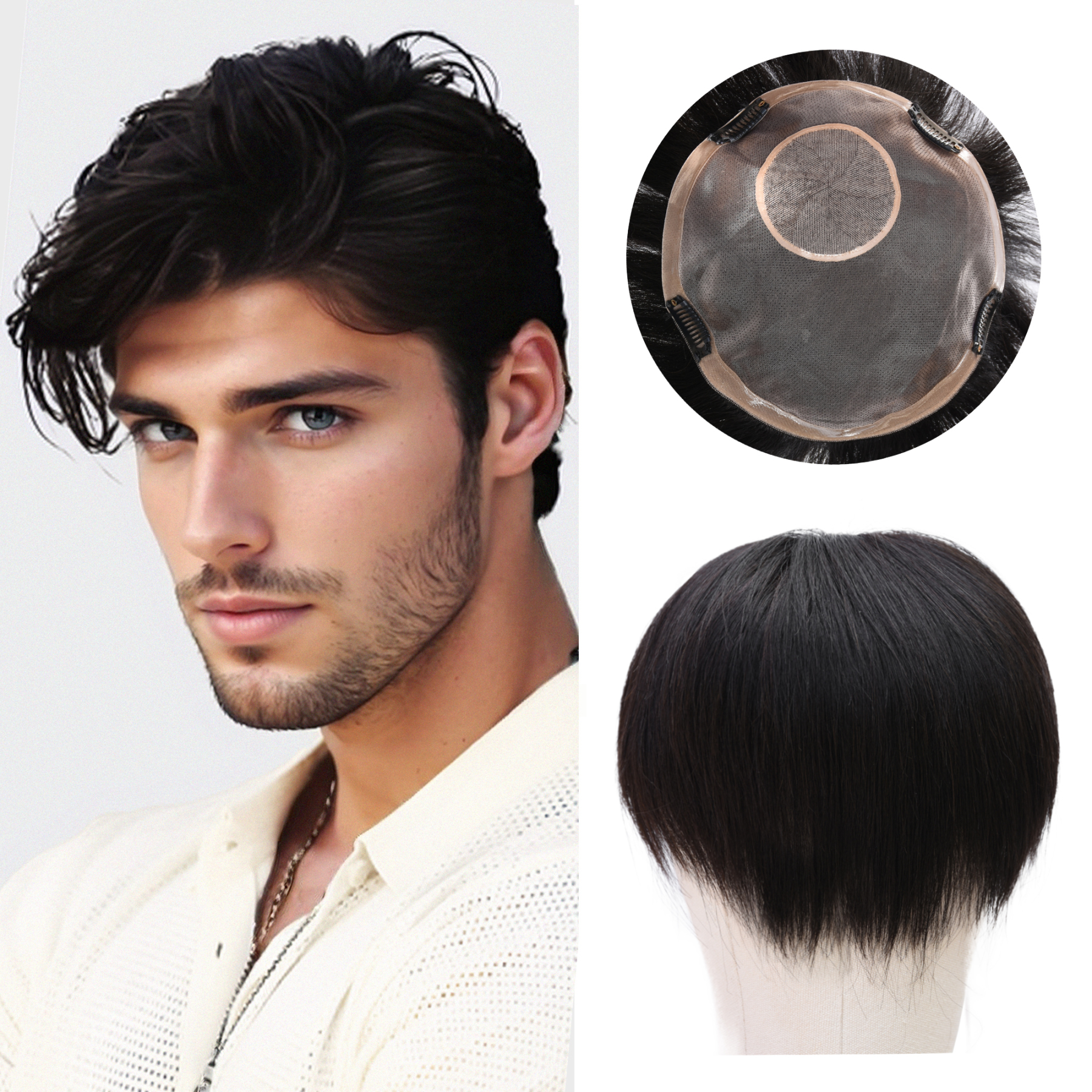 Meiverah Hair Untrimmed Hand Tied Mono Lace Toupee with Biological Scalp Toupee Human Hair Topper Top HairPiece for Men (1#)(Hand-tied Lace)