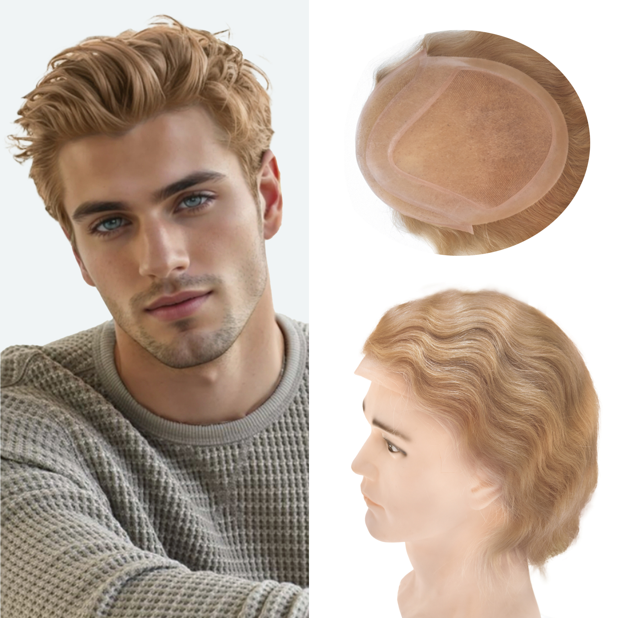 Meiverah Natural-Looking Handmade Full Hand-tied PU Mono Lace Men's Toupee -（21#，wavy）