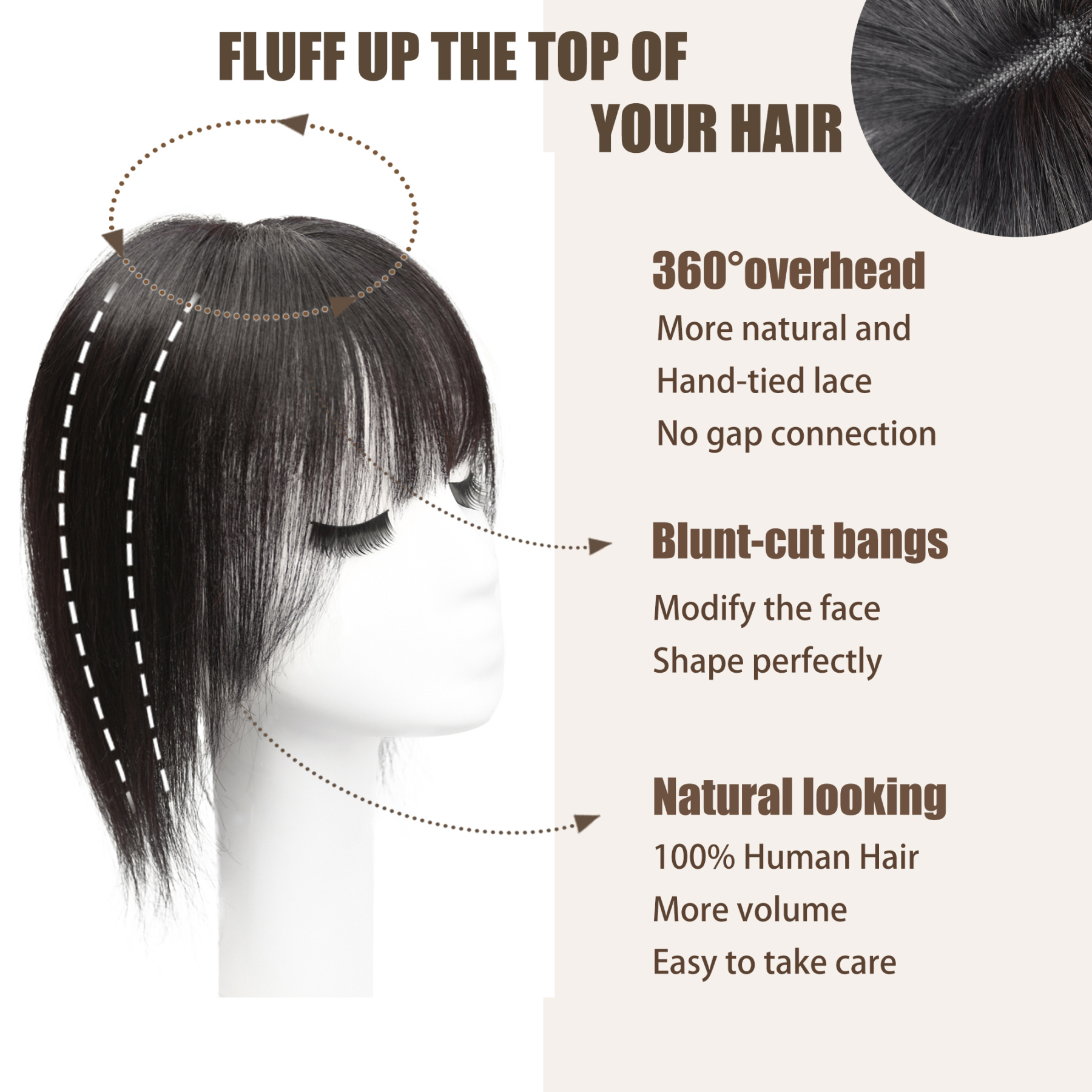 Meiverah Hair Real Human Hair Topper with Bangs - Clip-In Thick Silk Base Hairpiece for Women (Natural Black/12inch)