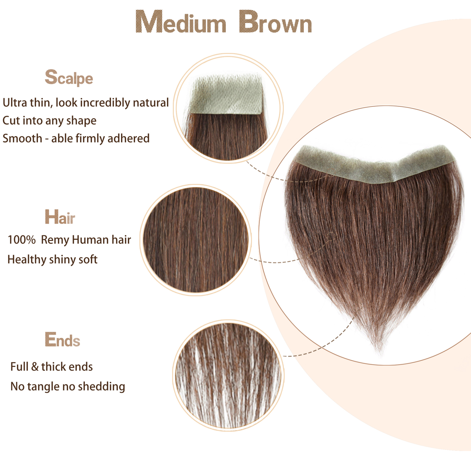 Meiverah Hair Frontal Hairpiece for Women Natural Black Hair Extension Hairline Loss Straight Tape in Human Hair Toppers Replacement Toupee (Medium Brown)