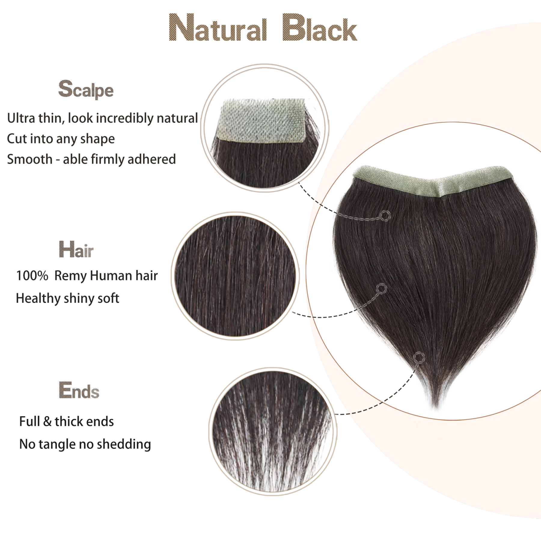 Meiverah Hair Frontal Hairpiece for Men Natural Black Hair Extension Hairline Loss Straight Tape in Human Hair Toppers Replacement Toupee （Natural Black）