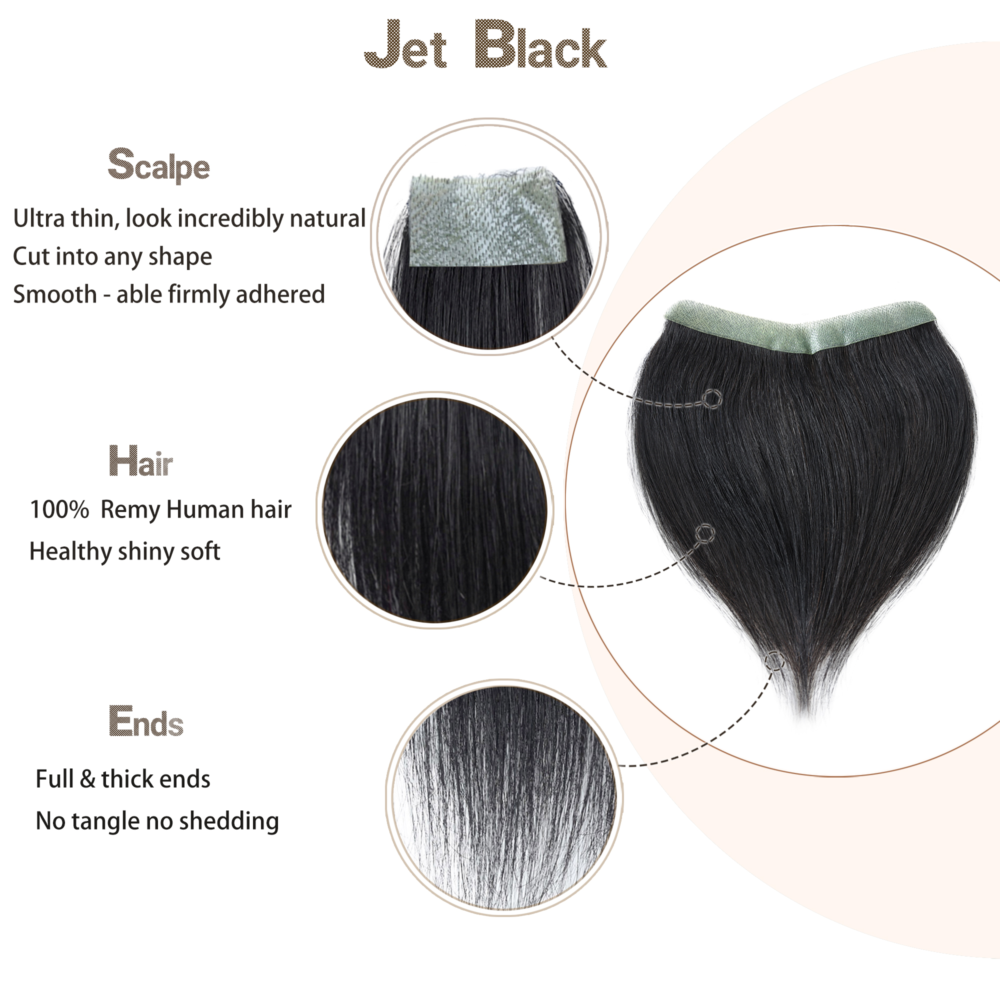 Meiverah Hair Frontal Hairpiece for Men Natural Black Hair Extension Hairline Loss Straight Tape in Human Hair Toppers Replacement Toupee （Jet Black）