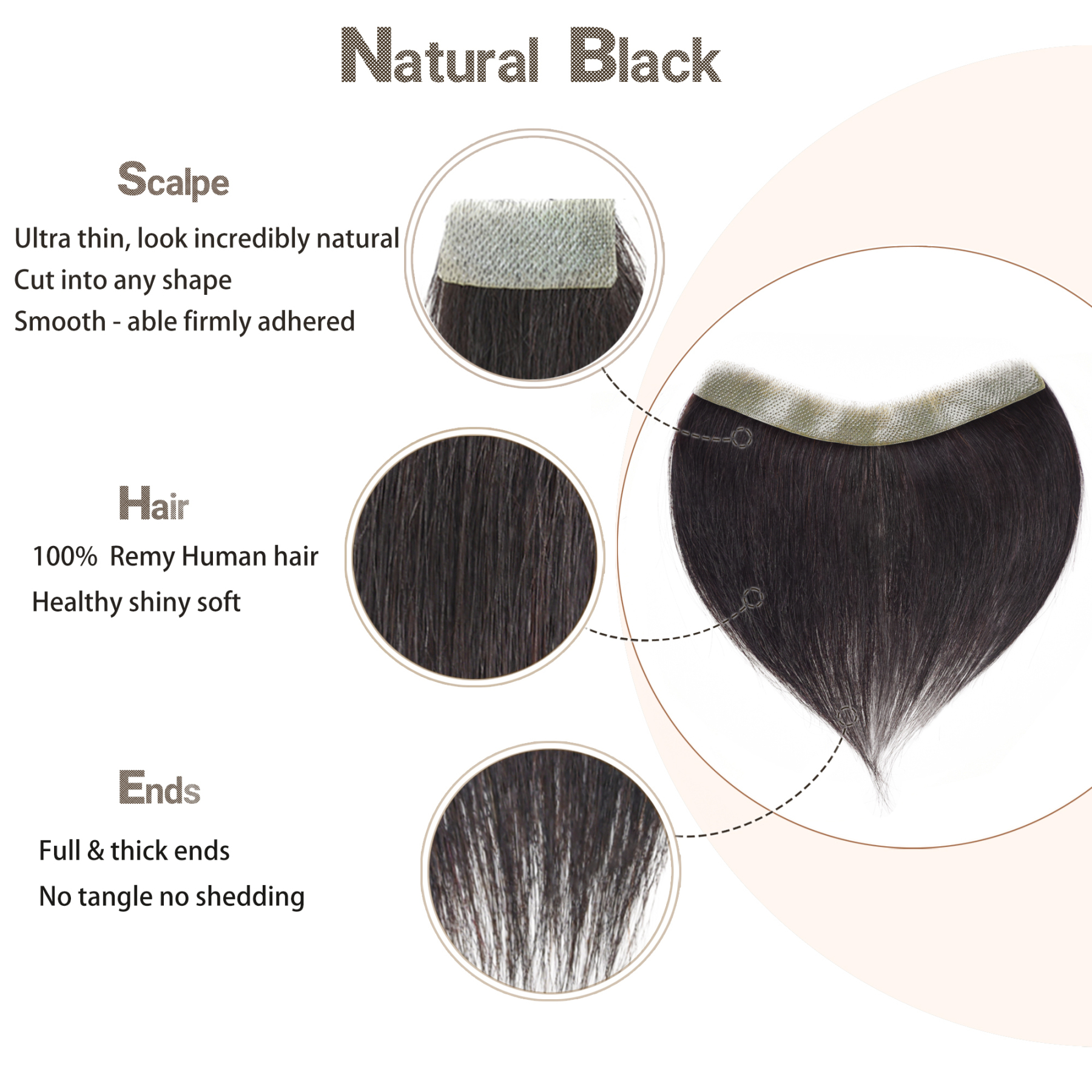 Meiverah Hair Frontal Hairpiece for Men Hair Extension Hairline Loss Straight Tape in Human Hair Toppers Replacement Toupee （Natural Black）