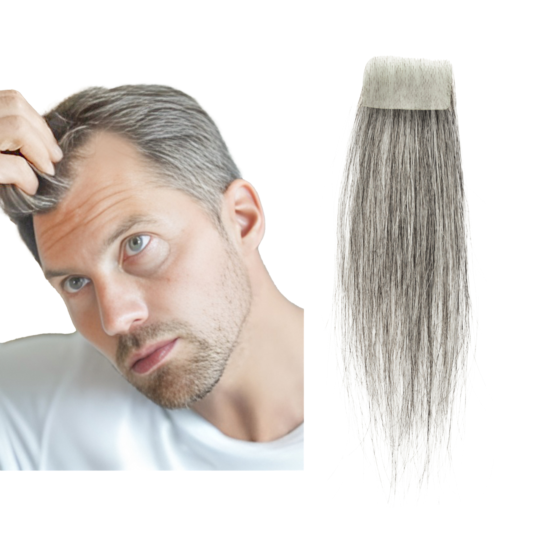 Meiverah Hair scar human hair replacement Accidental burns without hair for men Hairline Loss Straight Tape in Replacement Toupee (Pepper Salt)