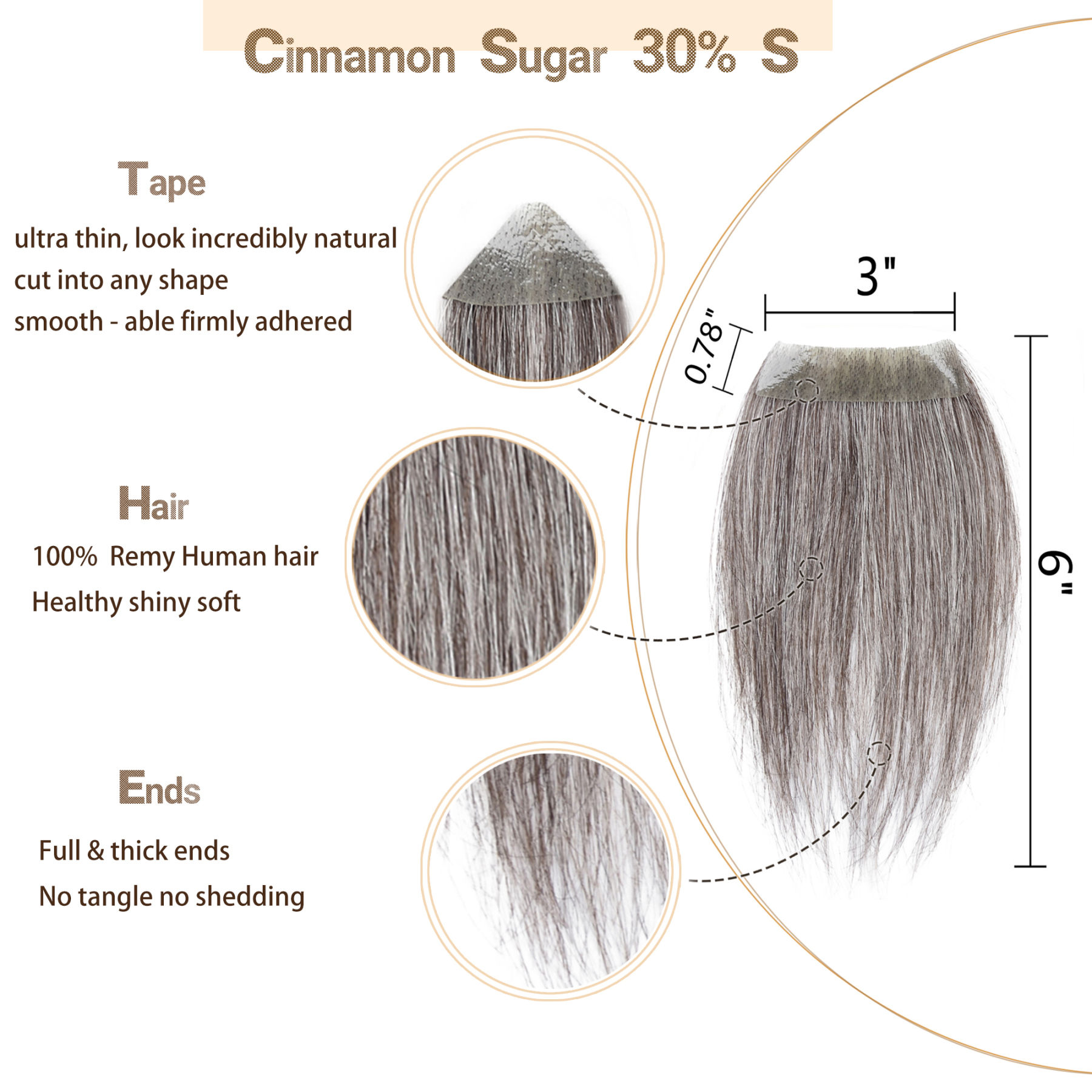 Meiverah Hair scar human hair replacement Accidental burns without hair for men Hairline Loss Straight Tape in Replacement Toupee  (30% Gray-Cinnamon Sugar)