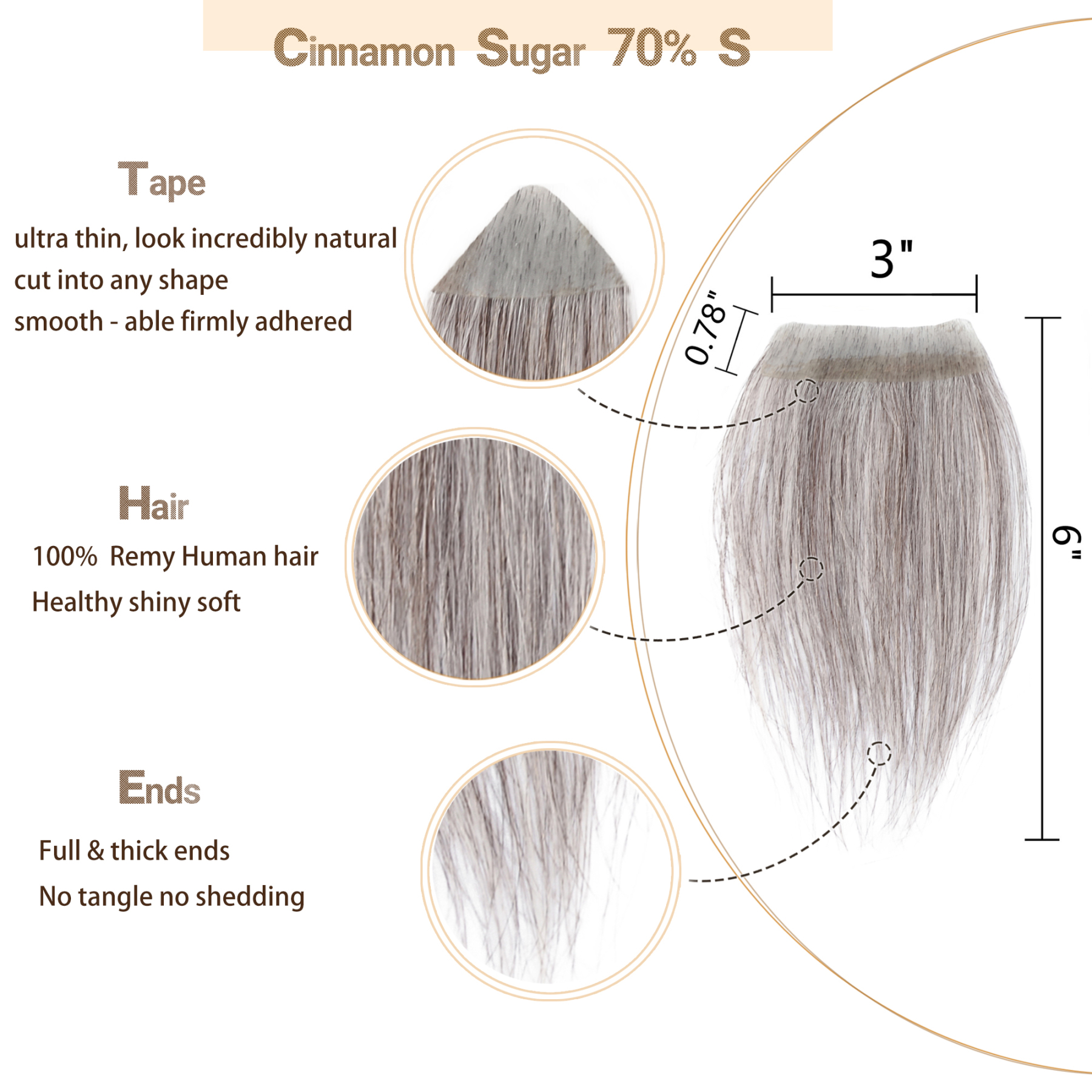 Meiverah Hair scar human hair replacement Accidental burns without hair for men women Hairline Loss Straight Tape in Replacement Toupee (Cinnamon Sugar 70% S)