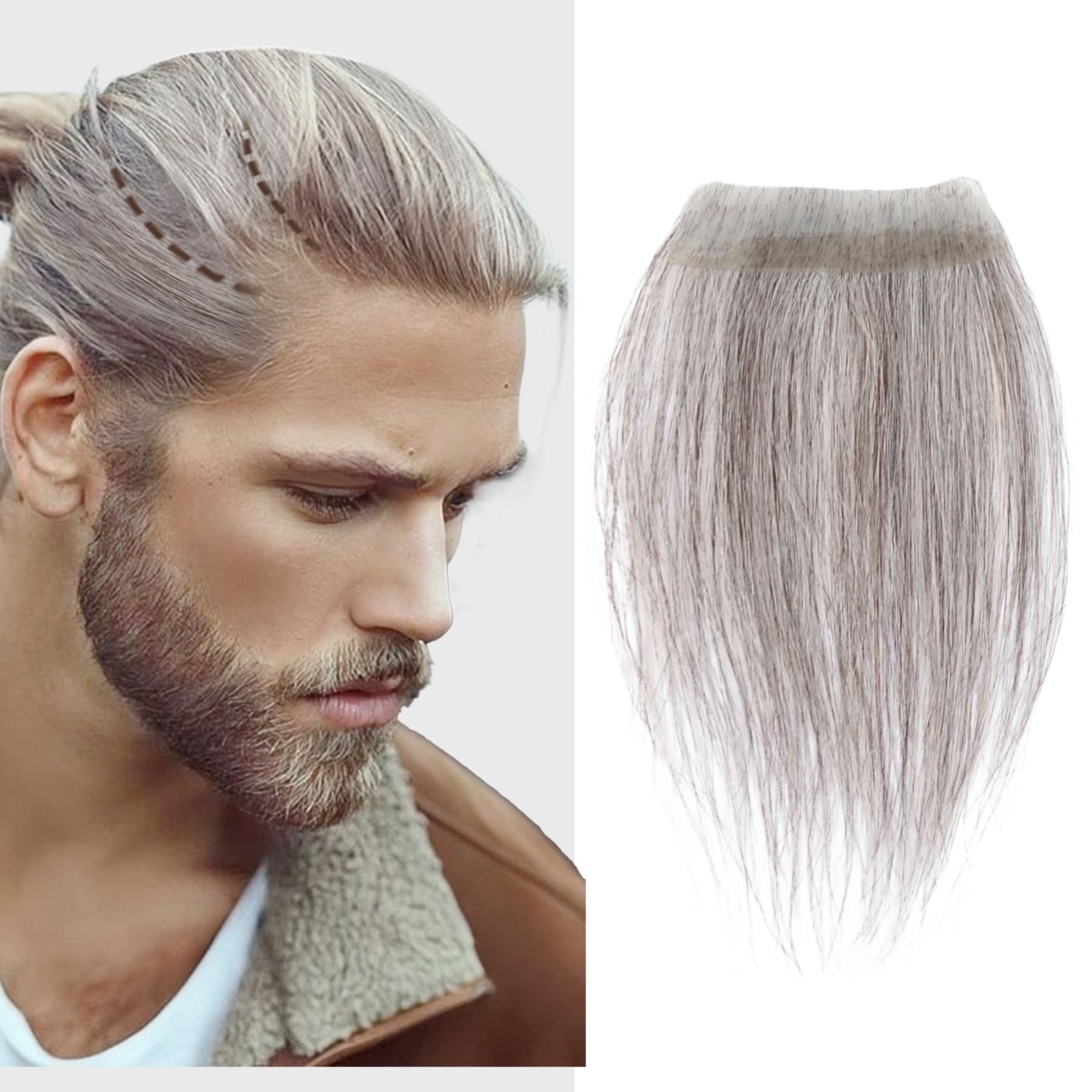 Meiverah Hair scar human hair replacement Accidental burns without hair for men Hairline Loss Straight Tape in Replacement Toupee (70% Gray-Cinnamon Sugar)