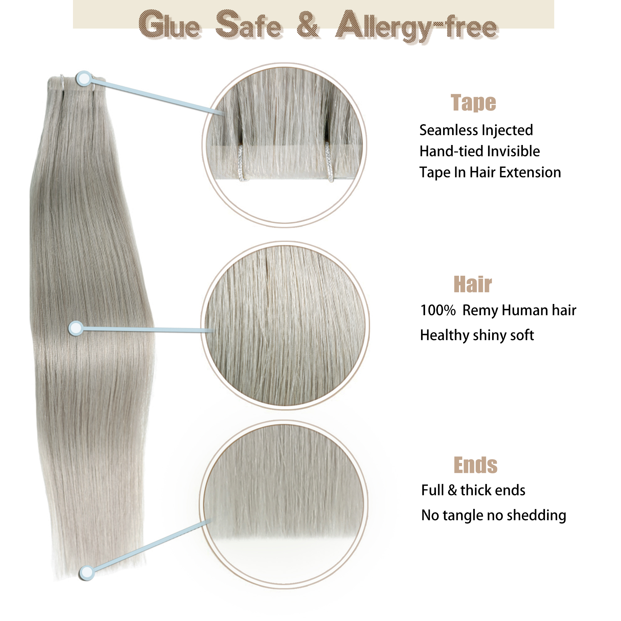 Meiverah Seamless Injected Hand-Tied Tape In Hair Extensions 20 Pcs/50 g Virgin Human Hair (Silver)