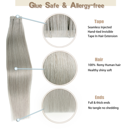 Meiverah Seamless Injected Hand-Tied Tape In Hair Extensions 20 Pcs/50 g Virgin Human Hair (Silver)