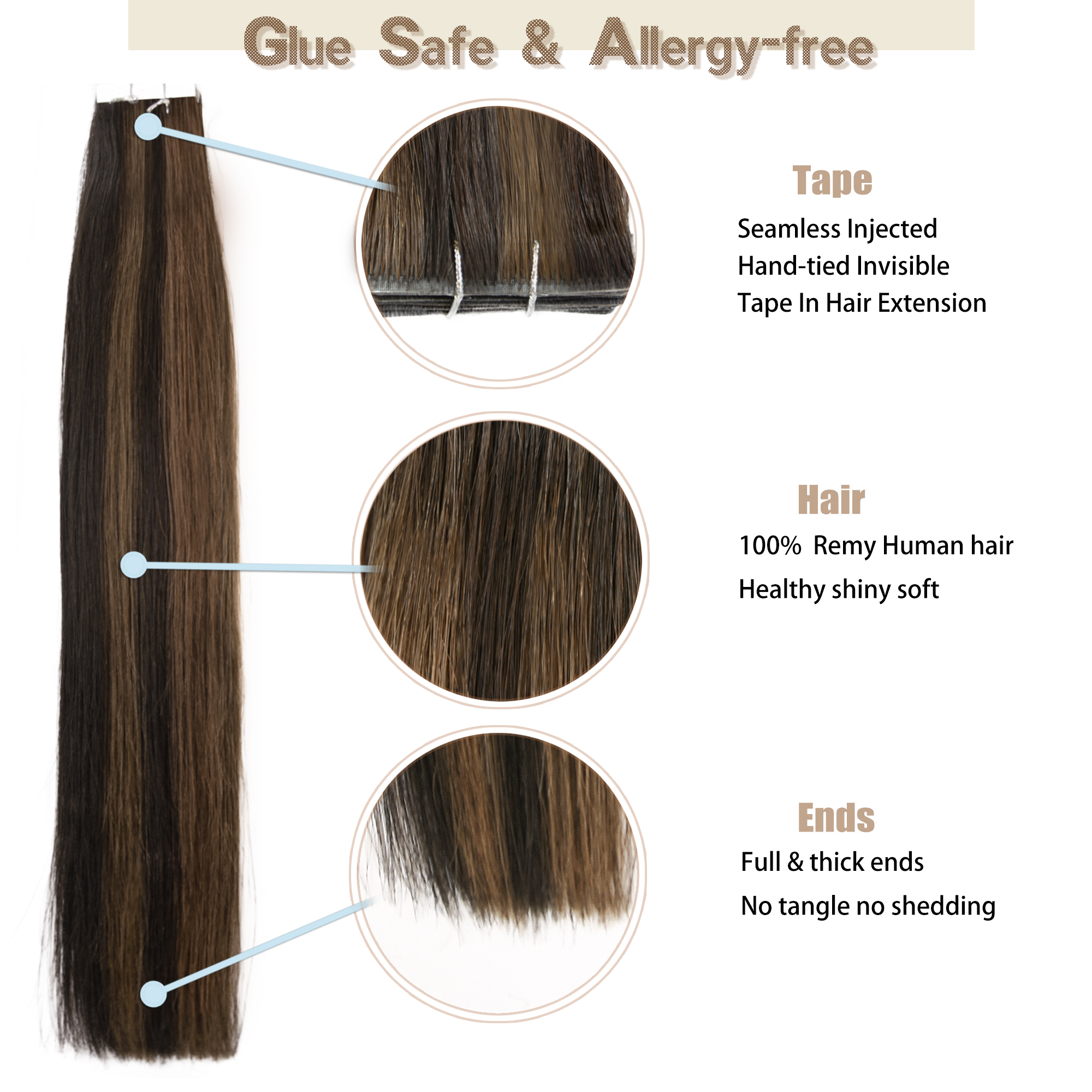 Meiverah Seamless Injected Hand-Tied Tape In Hair Extensions 20 Pcs/50 g Virgin Human Hair (#P2/6)