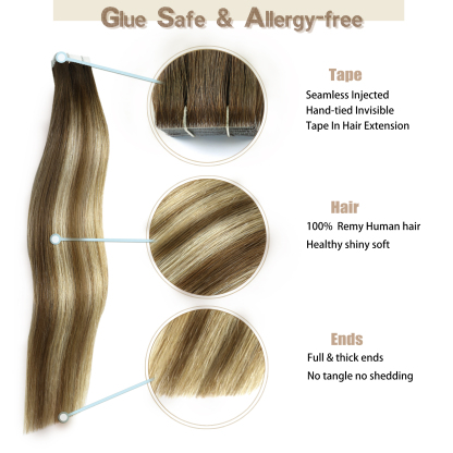 Meiverah Seamless Injected Hand-Tied Tape In Hair Extensions 20 Pcs/50 g Virgin Human Hair (#P6/613/T4)
