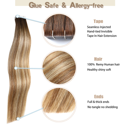 Meiverah Seamless Injected Hand-Tied Tape In Hair Extensions 20 Pcs/50 g Virgin Human Hair (P6/613/T4)