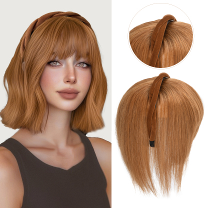 Meiverah Hair Twist Braid Headband Straight Hairpieces Human Hair Clip In Topper Hair Extension With Bangs Invisible Natural(#30)
