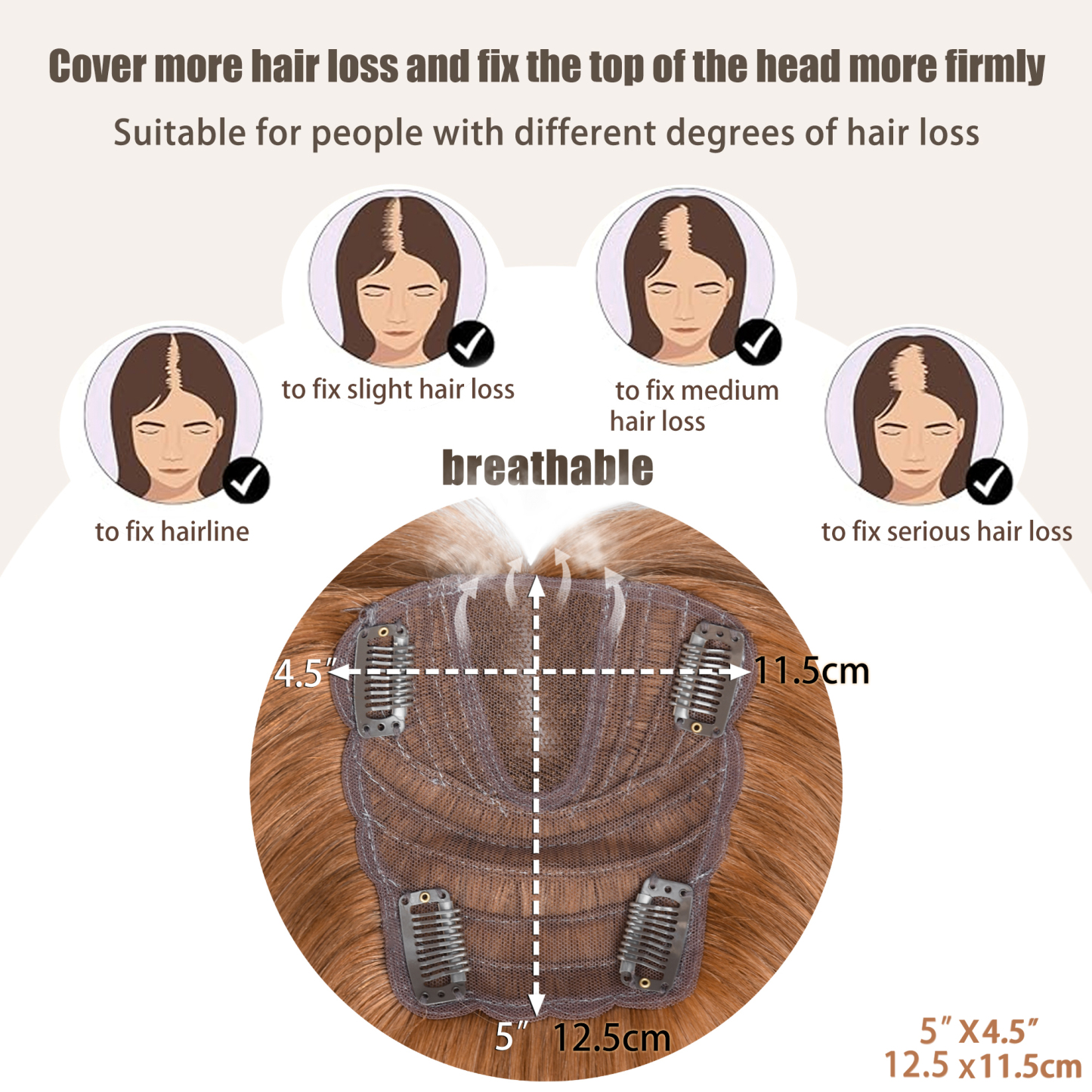 Meiverah Real Human Hair Swiss Mono Base Half Hand-tied Topper NO Bangs-Clip-In Thick Hairpiece for Women  (#30 Copper Red)