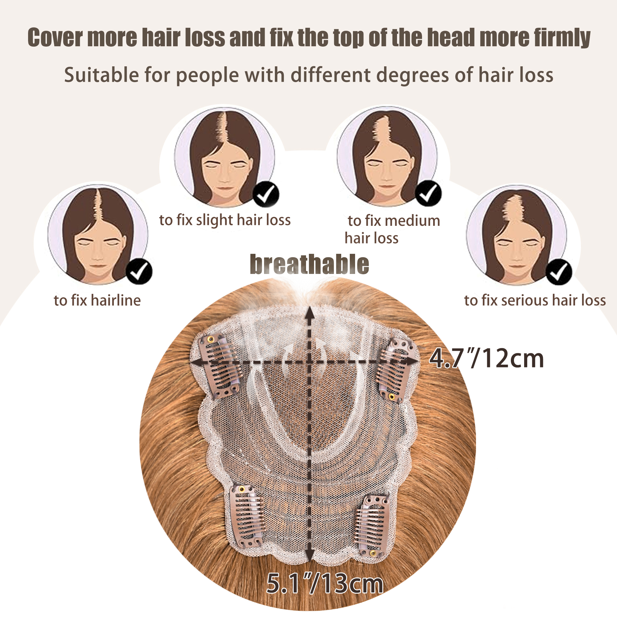 Meiverah Real Human Hair Swiss Mono Base Hand-tied Topper NO Bangs-Clip-In Thick Hairpiece for Women  (#30 Copper Red)